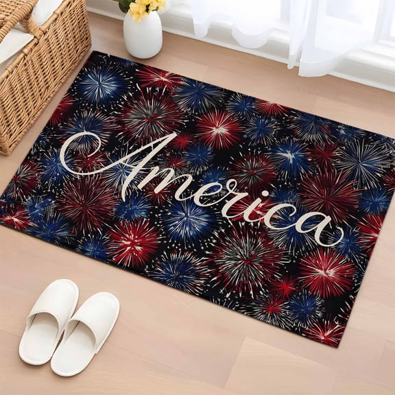 Independence Day Washable Area Rug 2 x 3 ft America Letter Print Fantasy Colorful Firework, Soft Non Slip Rugs Stain Repellent Indoor Felt Carpet for Living Dining Room Bedroom Home Office