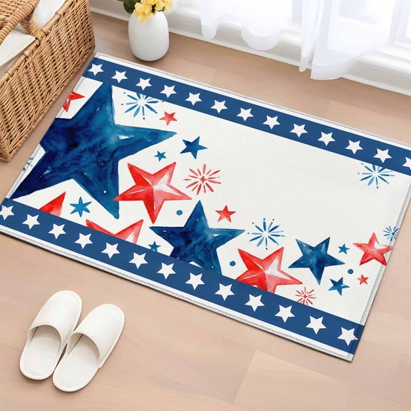 Independence Day Washable Area Rug 2 x 3 ft Five-Pointed Star Frame Cartoon Graffiti Firework, Soft Non Slip Rugs Stain Repellent Indoor Felt Carpet for Living Dining Room Bedroom Home Office
