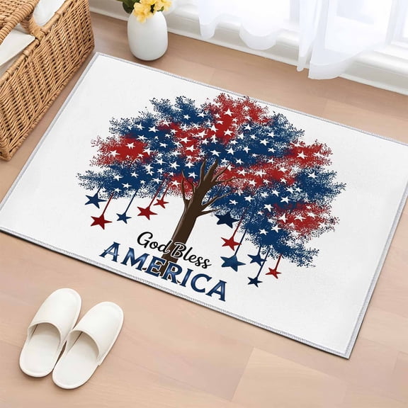Independence Day Washable Area Rug 2 x 3 ft Five-Pointed Star Tree U.S. Flag Themed, Soft Non Slip Rugs Stain Repellent Indoor Felt Carpet for Living Dining Room Bedroom Home Office