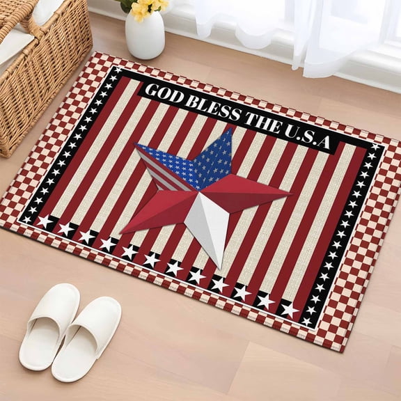 Independence Day Washable Area Rug 2 x 3 ft Red Blue U.S Flag Patriotic Star Stripe Plaid, Soft Non Slip Rugs Stain Repellent Indoor Felt Carpet for Living Dining Room Bedroom Home Office