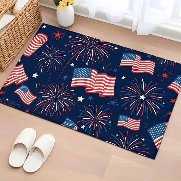 Independence Day Washable Area Rug 2 x 3 ft Red Blue U.S. Flag Star Celebration Firework, Soft Non Slip Rugs Stain Repellent Indoor Felt Carpet for Living Dining Room Bedroom Home Office