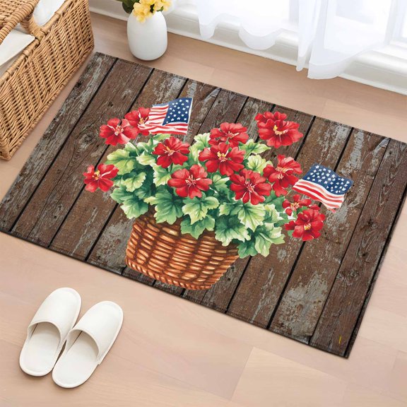 Independence Day Washable Area Rug 2 x 3 ft Red Flower US Flag, Soft Non Slip Rugs Stain Repellent Indoor Felt Carpet for Living Dining Room Bedroom Home Office