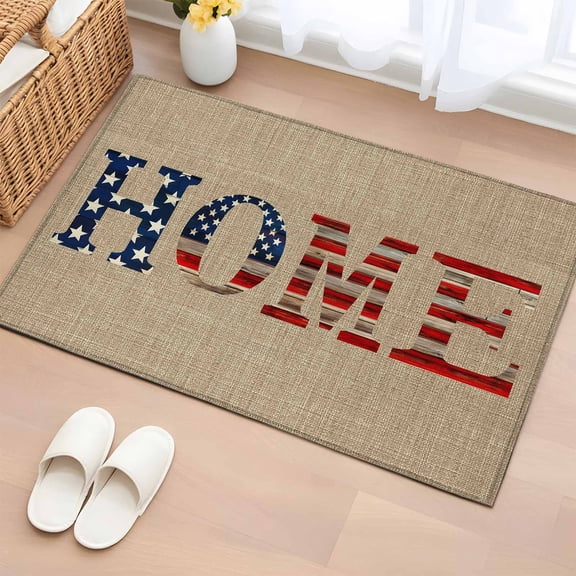 Independence Day Washable Area Rug 2 x 3 ft U.S. Flag HOME 4th of July Farmhouse Linen, Soft Non Slip Rugs Stain Repellent Indoor Felt Carpet for Living Dining Room Bedroom Home Office