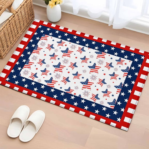 Independence Day Washable Area Rug 2 x 3 ft U.S. Flag Themed Cartoon Five-Pointed Star, Soft Non Slip Rugs Stain Repellent Indoor Felt Carpet for Living Dining Room Bedroom Home Office