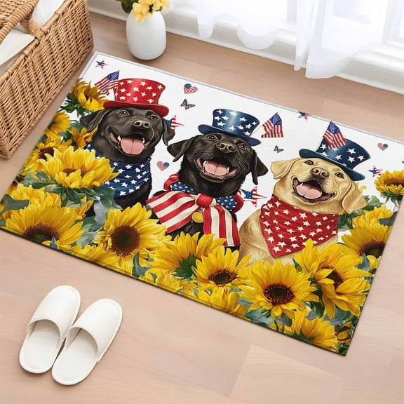Independence Day Washable Area Rug 2 x 3 ft U.S. Flag Themed Cute Dogs Farmhouse Sunflower, Soft Non Slip Rugs Stain Repellent Indoor Felt Carpet for Living Dining Room Bedroom Home Office