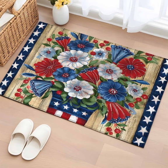 Independence Day Washable Area Rug 2 x 3 ft U.S. Flag Themed Farmhouse Flower Retro Wood Grain, Soft Non Slip Rugs Stain Repellent Indoor Felt Carpet for Living Dining Room Bedroom Home Office