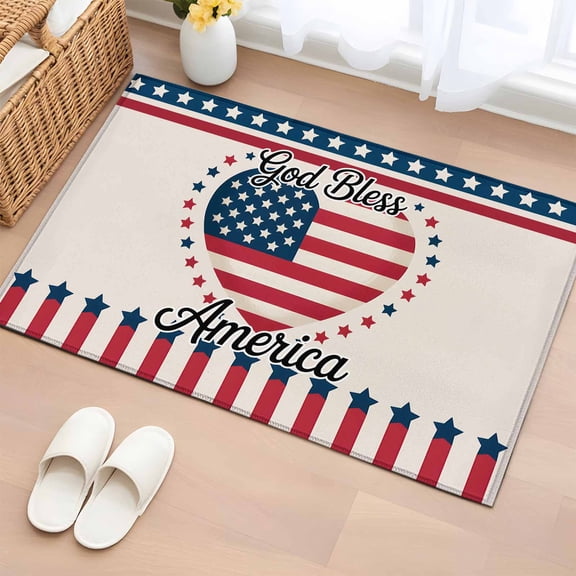 Independence Day Washable Area Rug 2 x 3 ft U.S. Flag Themed Love Heart God Bless America, Soft Non Slip Rugs Stain Repellent Indoor Felt Carpet for Living Dining Room Bedroom Home Office