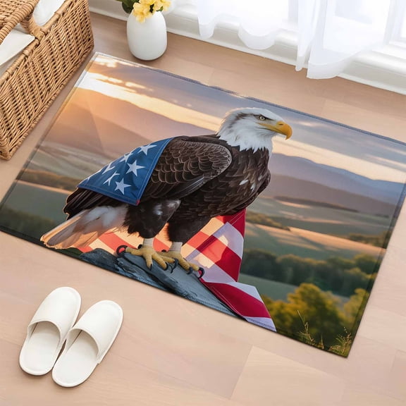 Independence Day Washable Area Rug 2 x 3 ft U.S. Flag Themed Natural Field Cool Eagle, Soft Non Slip Rugs Stain Repellent Indoor Felt Carpet for Living Dining Room Bedroom Home Office