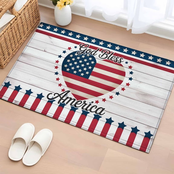 Independence Day Washable Area Rug 2 x 3 ft U.S. Flag Themed Wooden Love Heart God Bless America, Soft Non Slip Rugs Stain Repellent Indoor Felt Carpet for Living Dining Room Bedroom Home Office