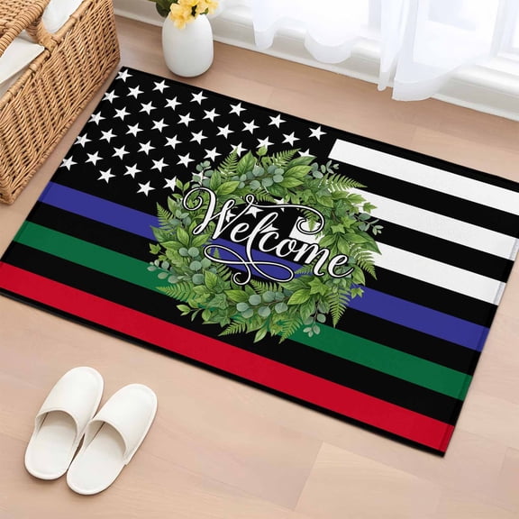 Independence Day Washable Area Rug 2 x 3 ft US Flag Day Patriotic Weclome Wreath Red Black Stripes, Soft Non Slip Rugs Stain Repellent Indoor Felt Carpet for Living Dining Room Bedroom Home Office