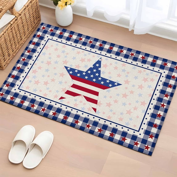 Independence Day Washable Area Rug 2 x 3 ft USA Flag Star Blue Plaid Retro, Soft Non Slip Rugs Stain Repellent Indoor Felt Carpet for Living Dining Room Bedroom Home Office