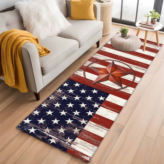 Independence Day Washable Area Rug 2 x 6 ft U.S. Flag Themed Metal Five-Pointed Star, Soft Non Slip Rugs Stain Repellent Indoor Felt Carpet for Living Dining Room Bedroom Home Office