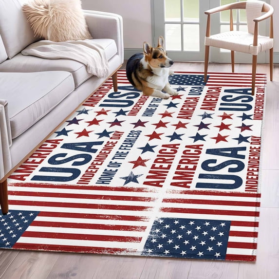 Independence Day Washable Area Rug 3 x 5 ft Retro American USA Flag Red Stripes Abstract, Soft Non Slip Rugs Stain Repellent Indoor Felt Carpet for Living Dining Room Bedroom Home Office