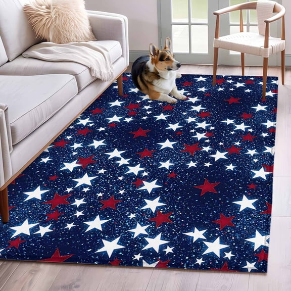 Independence Day Washable Area Rug 3 x 5 ft U. S. Flag Themed Red White Five-Pointed Stars, Soft Non Slip Rugs Stain Repellent Indoor Felt Carpet for Living Dining Room Bedroom Home Office
