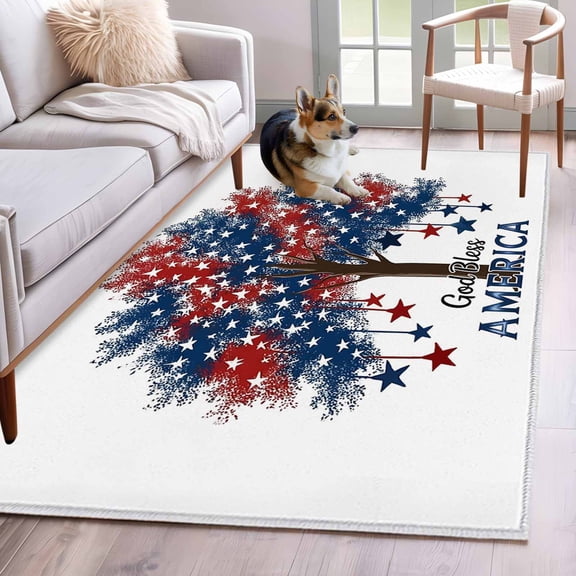 Independence Day Washable Area Rug 4 x 6 ft Five-Pointed Star Tree U.S. Flag Themed, Soft Non Slip Rugs Stain Repellent Indoor Felt Carpet for Living Dining Room Bedroom Home Office