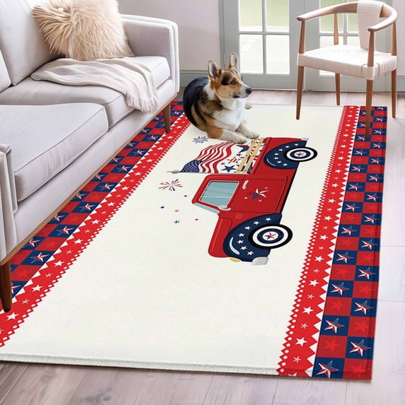Independence Day Washable Area Rug 4 x 6 ft Truck Plaid, Soft Non Slip Rugs Stain Repellent Indoor Felt Carpet for Living Dining Room Bedroom Home Office
