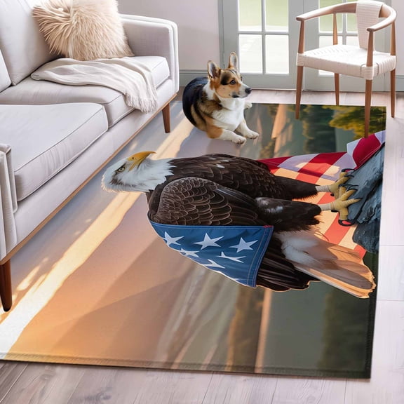 Independence Day Washable Area Rug 4 x 6 ft U.S. Flag Themed Natural Field Cool Eagle, Soft Non Slip Rugs Stain Repellent Indoor Felt Carpet for Living Dining Room Bedroom Home Office