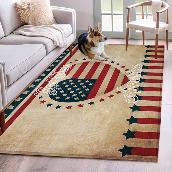 Independence Day Washable Area Rug 4 x 6 ft U.S. Flag Themed Retro Love Heart God Bless America, Soft Non Slip Rugs Stain Repellent Indoor Felt Carpet for Living Dining Room Bedroom Home Office