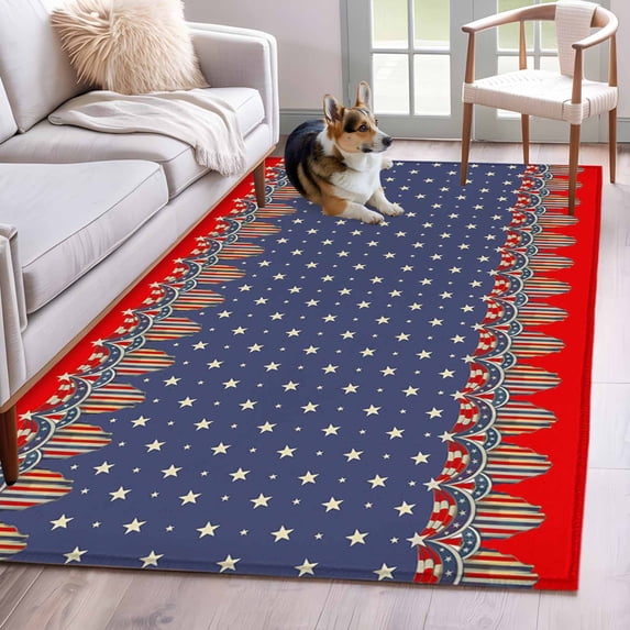 Independence Day Washable Area Rug 4 x 6 ft Vintage Abstract Blue Red Stars USA Flag Red Border, Soft Non Slip Rugs Stain Repellent Indoor Felt Carpet for Living Dining Room Bedroom Home Office