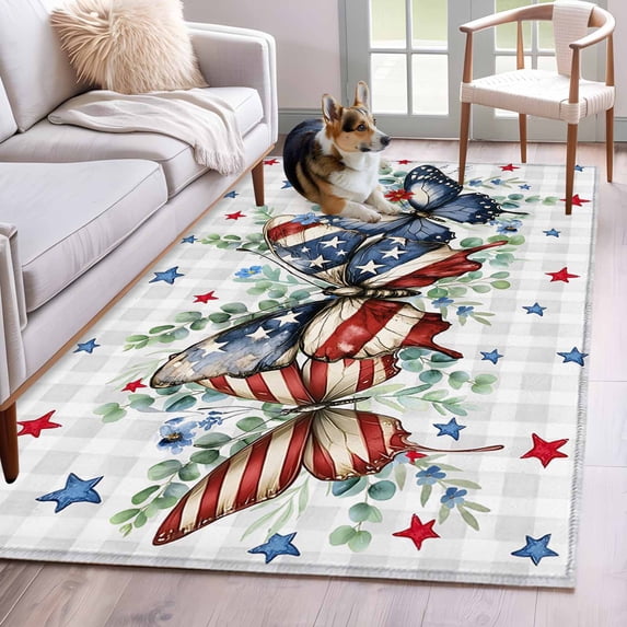 Independence Day Washable Area Rug 4 x 6 ft Vintage Butterfly Star Leaf Gray Plaid, Soft Non Slip Rugs Stain Repellent Indoor Felt Carpet for Living Dining Room Bedroom Home Office