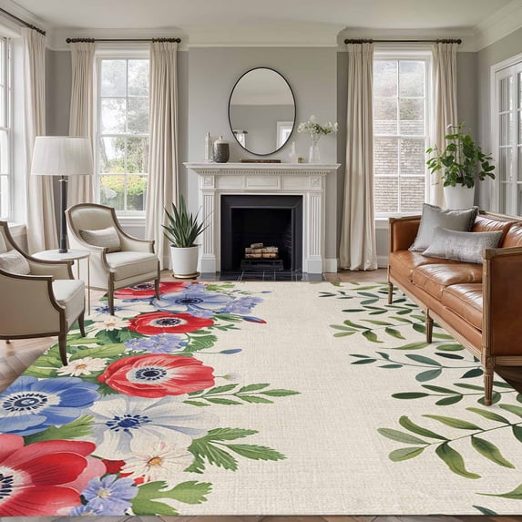 Independence Day Washable Area Rug 5 x 7 ft Purple Red Poppy Flowers Vintage, Soft Non Slip Rugs Stain Repellent Indoor Felt Carpet for Living Dining Room Bedroom Home Office