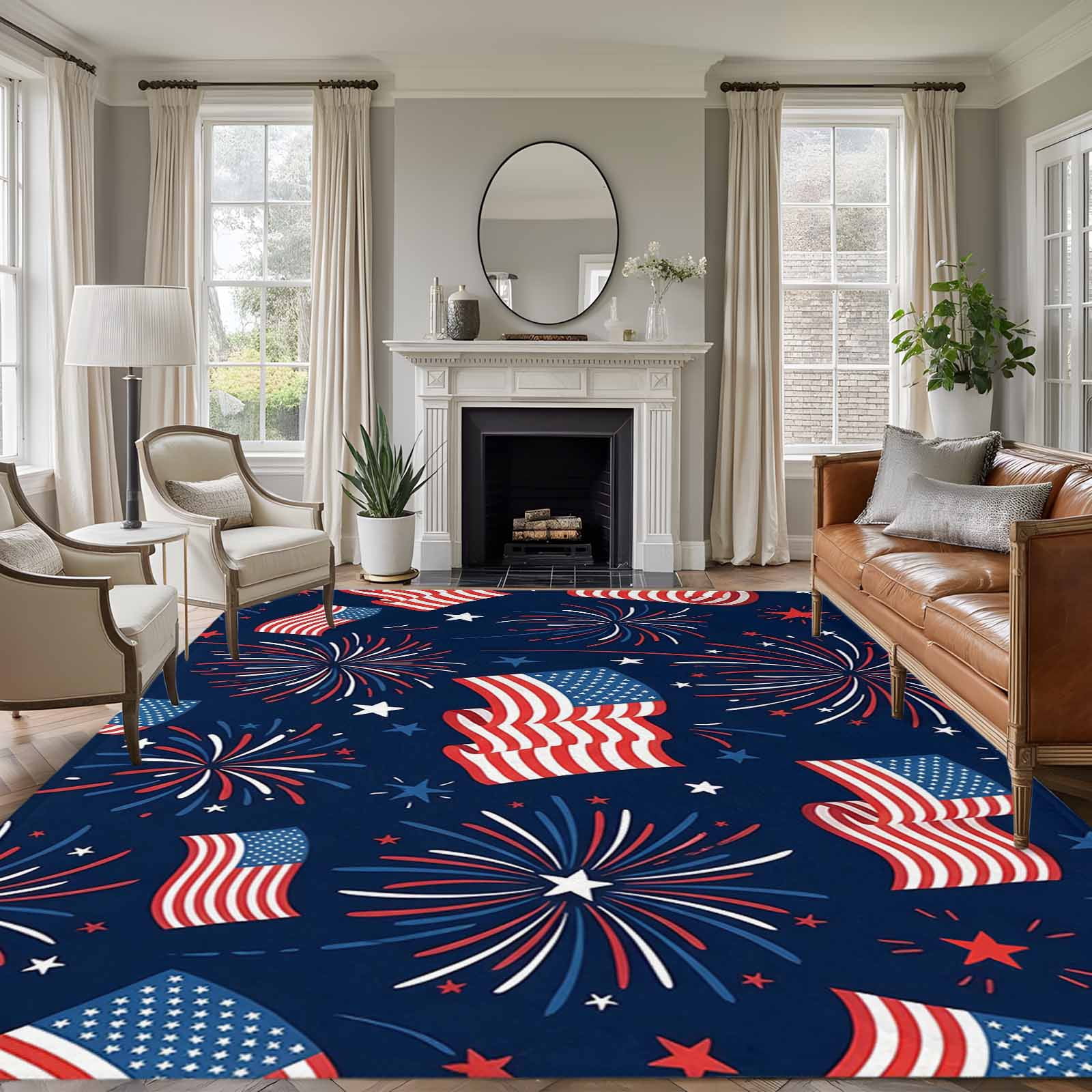Celebration Rug Independence Day Washable Area Rug 5 x 7 ft Red Blue U.S. Flag Star ...