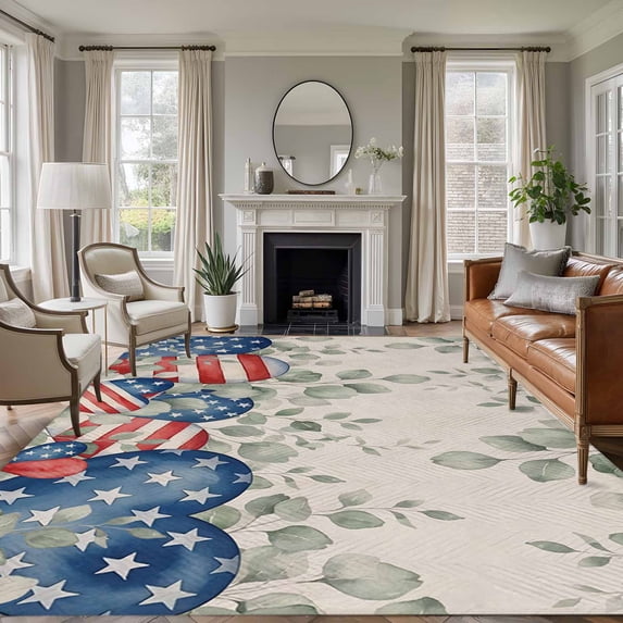 Independence Day Washable Area Rug 5 x 7 ft Retro Red Blue Star Stripe Love Heart Eucalyptus Leaf, Soft Non Slip Rugs Stain Repellent Indoor Felt Carpet for Living Dining Room Bedroom Home Office
