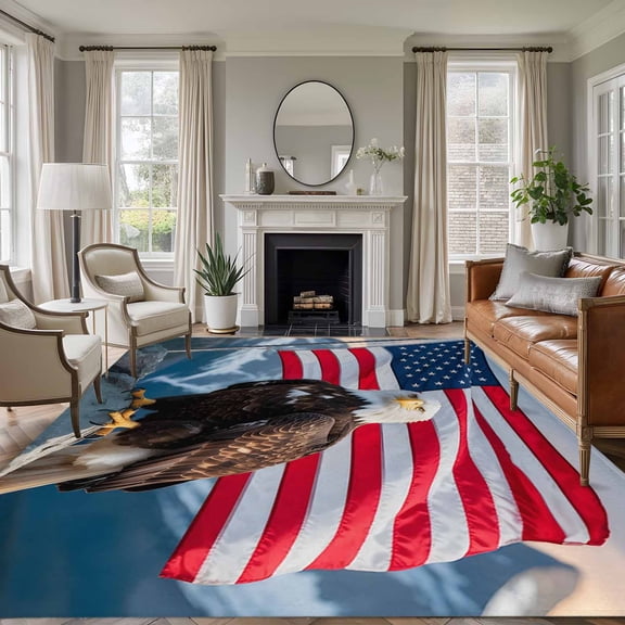 Independence Day Washable Area Rug 5 x 7 ft U.S. Flag Themed Bald Eagle Snow Mountain, Soft Non Slip Rugs Stain Repellent Indoor Felt Carpet for Living Dining Room Bedroom Home Office