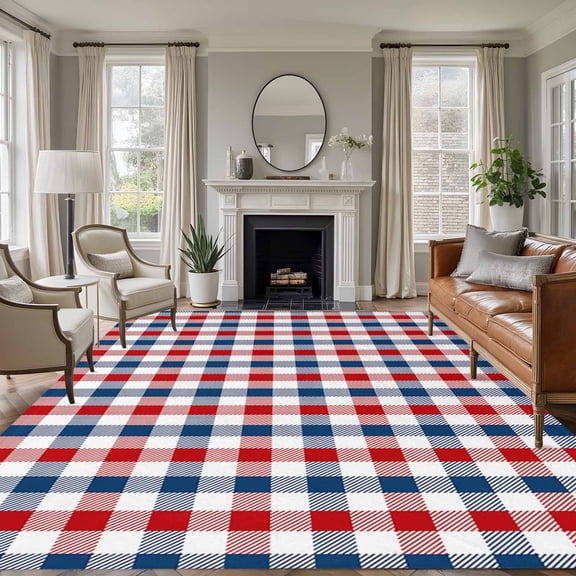 Independence Day Washable Area Rug 6 x 9 ft American Flag Red Blue White Plaid, Soft Non Slip Rugs Stain Repellent Indoor Felt Carpet for Living Dining Room Bedroom Home Office