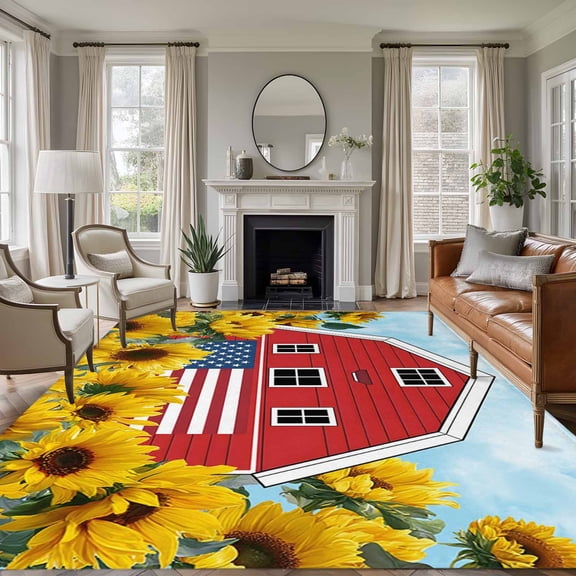 Independence Day Washable Area Rug 6 x 9 ft U.S. Flag Themed Red Barn Farmhouse Sunflower, Soft Non Slip Rugs Stain Repellent Indoor Felt Carpet for Living Dining Room Bedroom Home Office