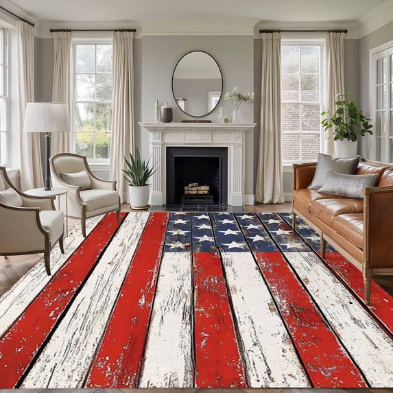 Independence Day Washable Area Rug 8 x 10 ft Abstract American Flag Wood Grain, Soft Non Slip Rugs Stain Repellent Indoor Felt Carpet for Living Dining Room Bedroom Home Office