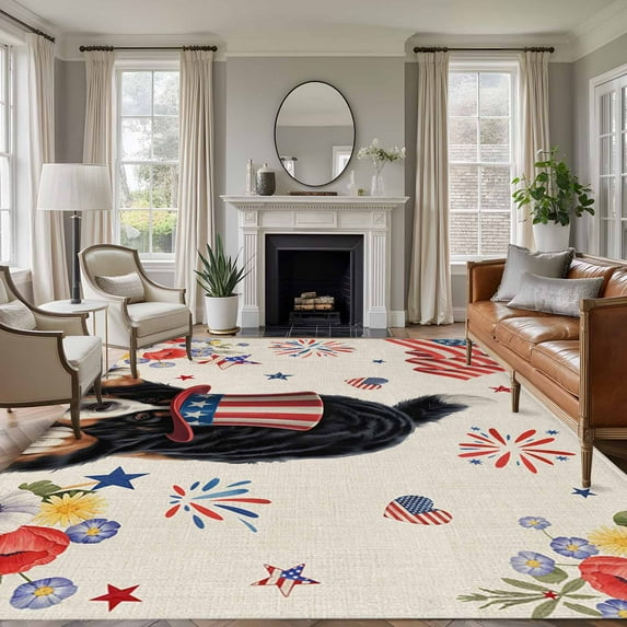 Independence Day Washable Area Rug 8 x 10 ft Dog Poppy US Flag Retro 4th of July, Soft Non Slip Rugs Stain Repellent Indoor Felt Carpet for Living Dining Room Bedroom Home Office