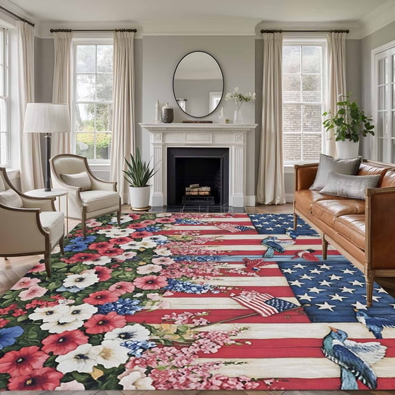 Independence Day Washable Area Rug 8 x 10 ft USA Flag Red White Poppy, Soft Non Slip Rugs Stain Repellent Indoor Felt Carpet for Living Dining Room Bedroom Home Office