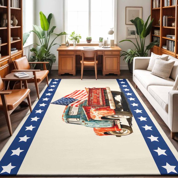 Independence Day Washable Area Rug 9 x 12 ft Five-Pointed Star Frame U. S. Flag Vintage Truck, Soft Non Slip Rugs Stain Repellent Indoor Felt Carpet for Living Dining Room Bedroom Home Office