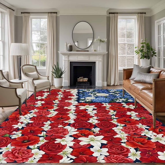 Independence Day Washable Living Room Rugs 6'x9', Patriotic Blue Red Flowers U.S. Flag Style Low Pile Throw Large Area Rug Non-Slip Sturdy Edge Binding Carpet for Dining Room Kitchen Office