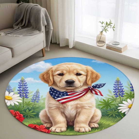 Independence Day Washable Round Area Rug 3.3 ft, American Flag Cute Golden Retriever Colorful Flowers, Soft Non Slip Rugs Stain Repellent Indoor Felt Carpet for Living Dining Room Bedroom Home Office