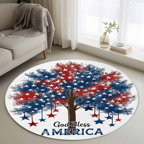 Independence Day Washable Round Area Rug 3.3 ft, Five-Pointed Star Tree U.S. Flag Themed, Soft Non Slip Rugs Stain Repellent Indoor Felt Carpet for Living Dining Room Bedroom Home Office