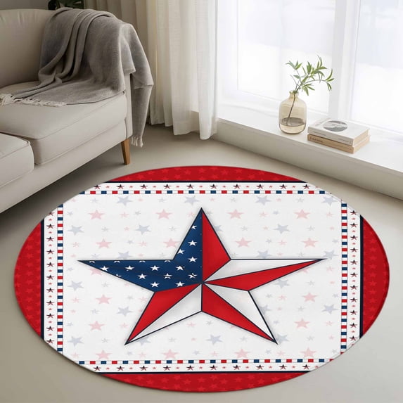 Independence Day Washable Round Area Rug 3.3 ft, Red Pentagram Us Flag National Flag, Soft Non Slip Rugs Stain Repellent Indoor Felt Carpet for Living Dining Room Bedroom Home Office