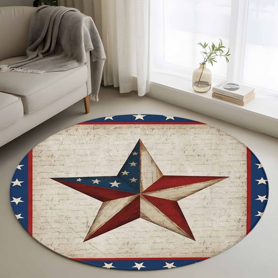Independence Day Washable Round Area Rug 3.3 ft, Retro Blue Red Stars Linen Texture, Soft Non Slip Rugs Stain Repellent Indoor Felt Carpet for Living Dining Room Bedroom Home Office