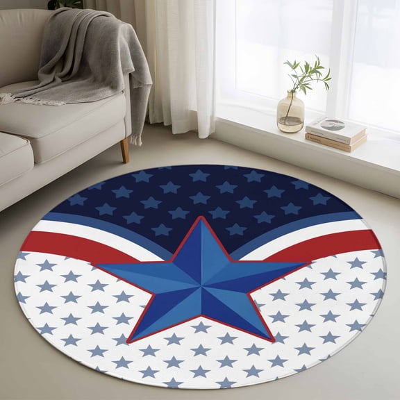 Independence Day Washable Round Area Rug 3.3 ft, U.S. Flag Themed Red Blue Five-Pointed Stars, Soft Non Slip Rugs Stain Repellent Indoor Felt Carpet for Living Dining Room Bedroom Home Office