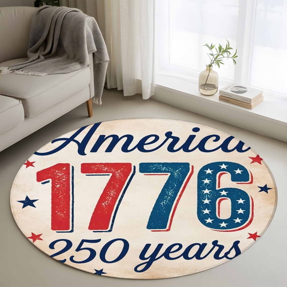 Independence Day Washable Round Area Rug 3 ft, 1776 America 250 Years Vintage Country Khaki, Soft Non Slip Rugs Stain Repellent Indoor Felt Carpet for Living Dining Room Bedroom Home Office