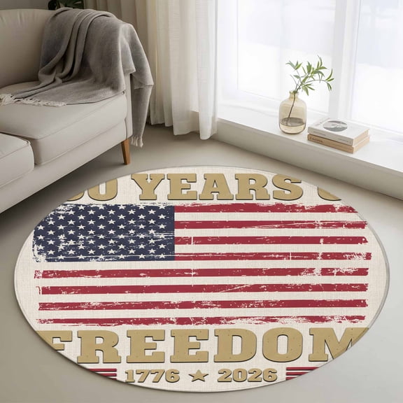 Independence Day Washable Round Area Rug 3 ft, America 250 Years of Freedom Usa Flag, Soft Non Slip Rugs Stain Repellent Indoor Felt Carpet for Living Dining Room Bedroom Home Office