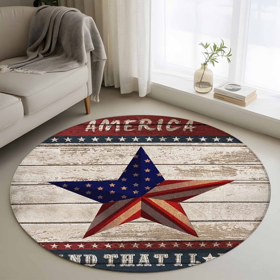 Independence Day Washable Round Area Rug 3 ft, American Flag Pentagram Celebration, Soft Non Slip Rugs Stain Repellent Indoor Felt Carpet for Living Dining Room Bedroom Home Office