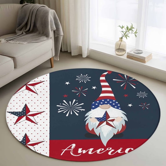 Independence Day Washable Round Area Rug 3 ft, American Flag Pentagram Dwarf celebration, Soft Non Slip Rugs Stain Repellent Indoor Felt Carpet for Living Dining Room Bedroom Home Office