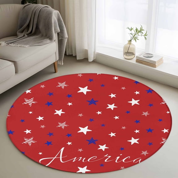 Independence Day Washable Round Area Rug 3 ft, Blue White Pentagram, Soft Non Slip Rugs Stain Repellent Indoor Felt Carpet for Living Dining Room Bedroom Home Office