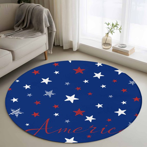 Independence Day Washable Round Area Rug 3 ft, Blue White Pentagram, Soft Non Slip Rugs Stain Repellent Indoor Felt Carpet for Living Dining Room Bedroom Home Office
