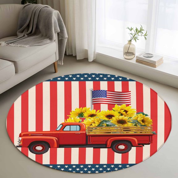 Independence Day Washable Round Area Rug 3 ft, Five-Pointed Star U.S. Flag Themed Red Truck Sunflower, Soft Non Slip Rugs Stain Repellent Indoor Felt Carpet for Living Dining Room Bedroom Home Office