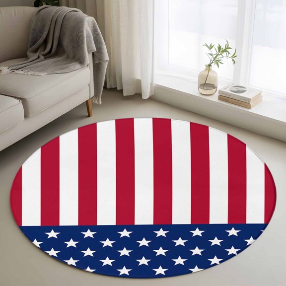 Independence Day Washable Round Area Rug 3 ft, Pentagram American Flag, Soft Non Slip Rugs Stain Repellent Indoor Felt Carpet for Living Dining Room Bedroom Home Office