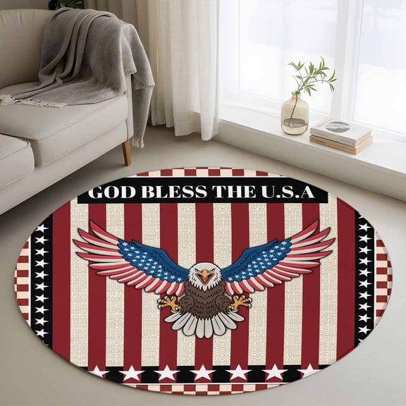 Independence Day Washable Round Area Rug 3 ft, Red Blue Bald Eagle U.S Flag Stripe Stars, Soft Non Slip Rugs Stain Repellent Indoor Felt Carpet for Living Dining Room Bedroom Home Office