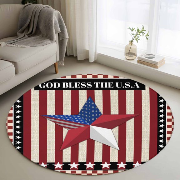 Independence Day Washable Round Area Rug 3 ft, Red Blue U.S Flag Patriotic Star Stripe Plaid, Soft Non Slip Rugs Stain Repellent Indoor Felt Carpet for Living Dining Room Bedroom Home Office